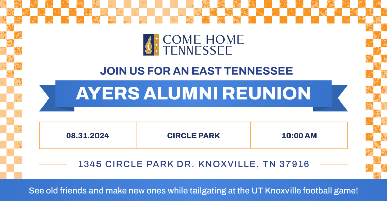 Graphic invitation for Ayers Alumni Reunion August 31,2024 at 1345 Circle Park Dr. Knoxville, TN 37916
